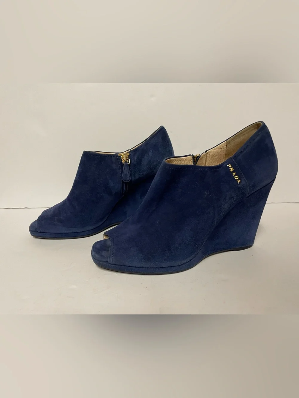 Prada Suede Peep-Toe Wedge Booties pumps blue 38